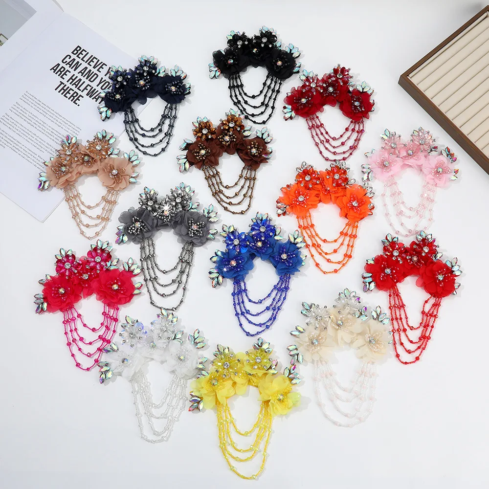 Tassel Crystal Brooch Chiffon Embroidered Flower Patch Beaded Applique Hat Dress Sewing Craft Accessories 14 Colors