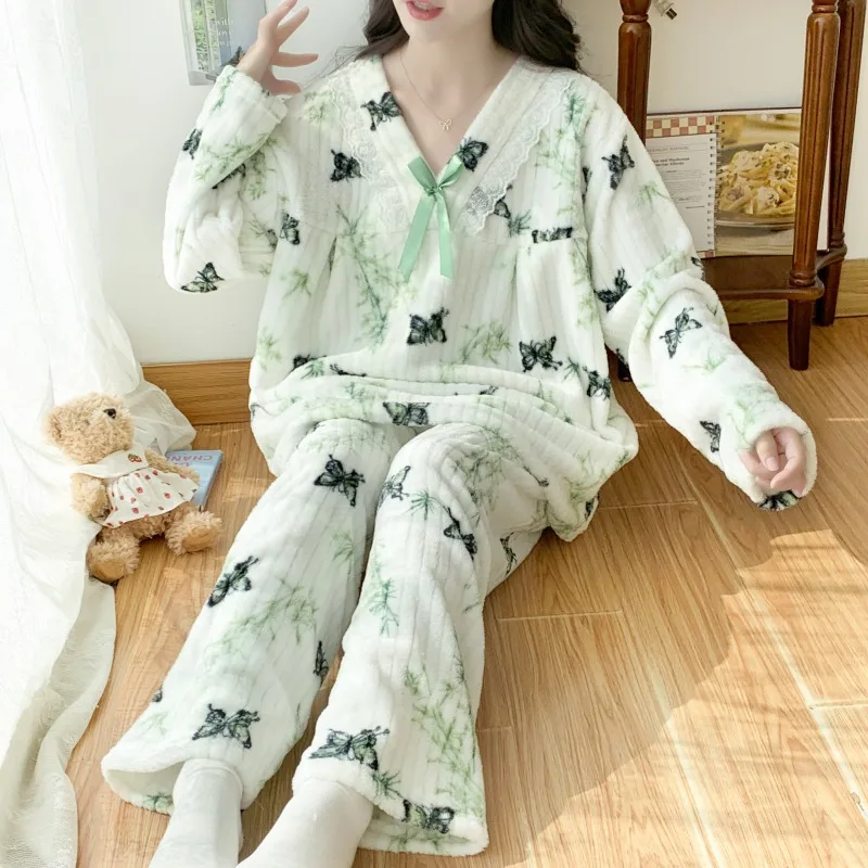 Pajama Sets Women Comfortable Flannel Soft Slouchy Chic Autumn Winter V-neck Printed Ins Bow Design Loungewear Loose Pyjamas