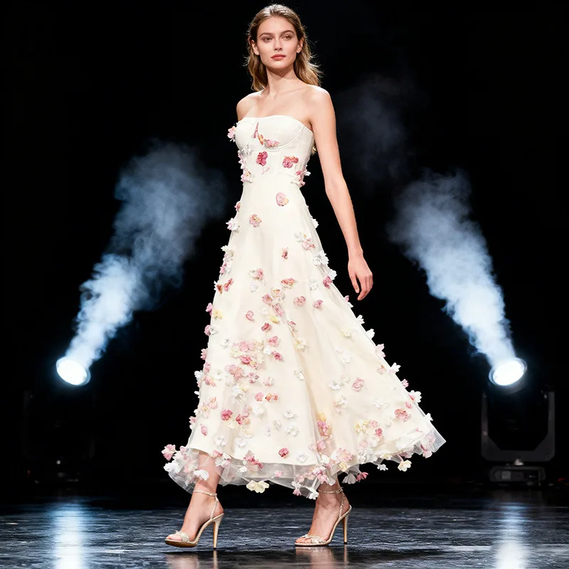 

Модное женское элегантное платье BEWQ без бретелек с завышенной талией, с 3D цветами и сетчатыми вставками, вечернее платье для вечеринок, новинка весны 2026