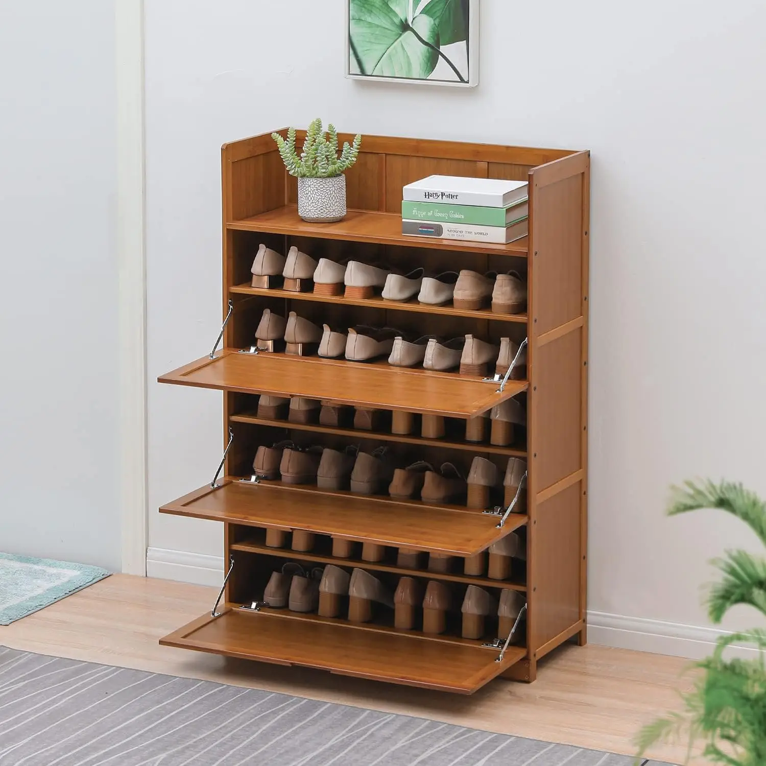 Bamboo 7-Tier Shoe Organizer Rack Cabinet Storage Space Roofless 24-Pair Heels Boots, Hallway Entryway, Brown