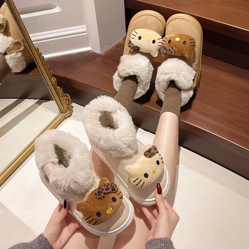 Sanrio winter Hello Kitty cute warm home women's shoes cartoon casual non-slip thick sole outer wear plush high-top slippers