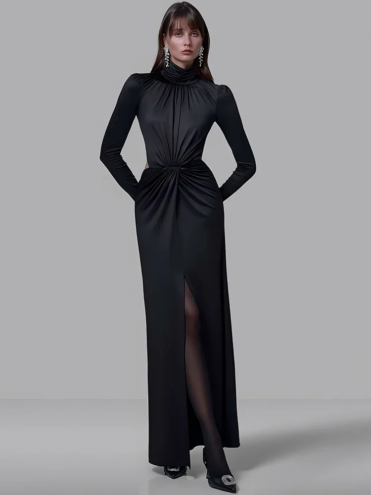 

Turtleneck Backless Sexy Maxi Dress Women Gown Autumn Winter Elegant Long Sleeve Thigh High Split Club Party Long Dress