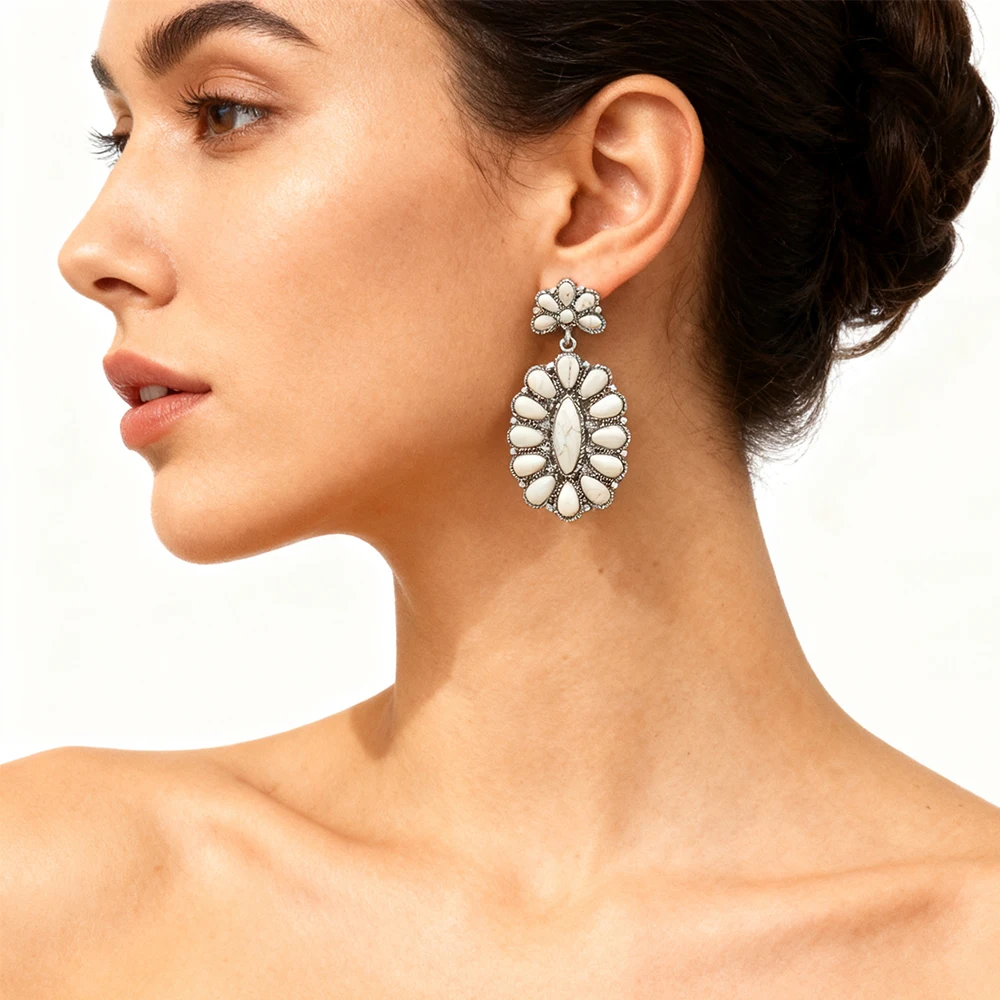 Banny Pink Ethnic Metal White Stone Earrings For Women Vintage Geometric Pendant Jewelry Earrings