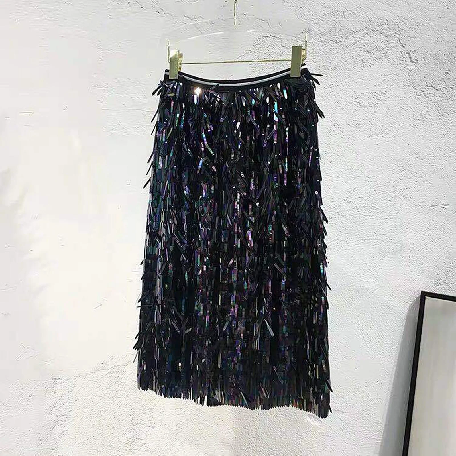 Women Fashionable Casual Sexy Sequined Wrap Buttocks Skirts Super Dazzling Colorful Tassel Sequins High Waist Half Length Skirt