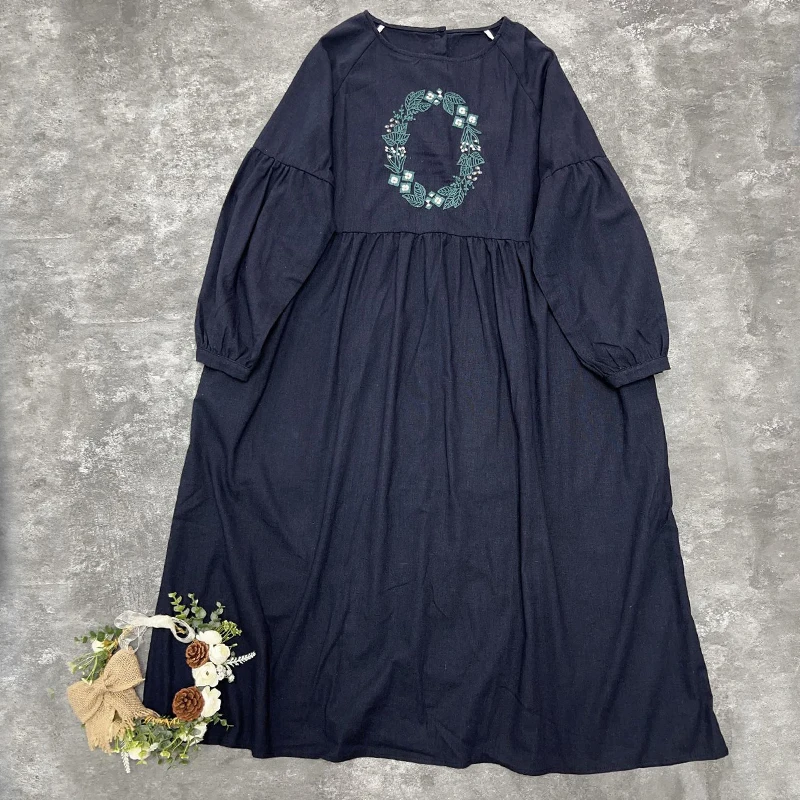 Johnature Autumn New Japanese Mori Women Solid Color Cotton Linen Embroidered Dress Casual Loose Pullover Simple Female Dresses
