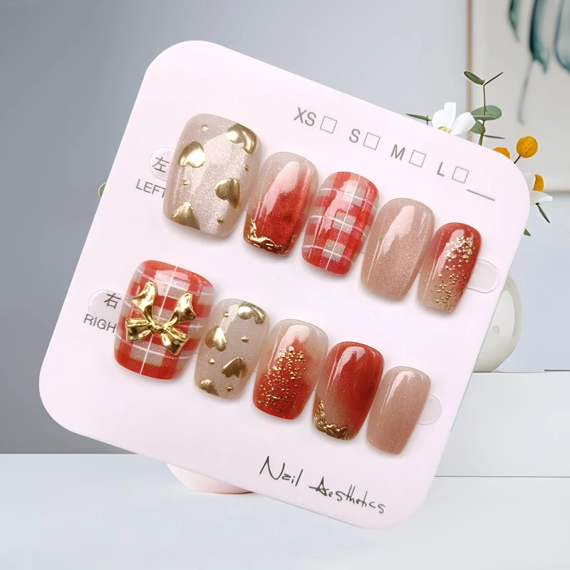 10Pcs Red Checkered Gold-plated Amber Gradient Wearable Nail Art Press on Nails Cute Bowknot Cherry Temperament Fake Nails