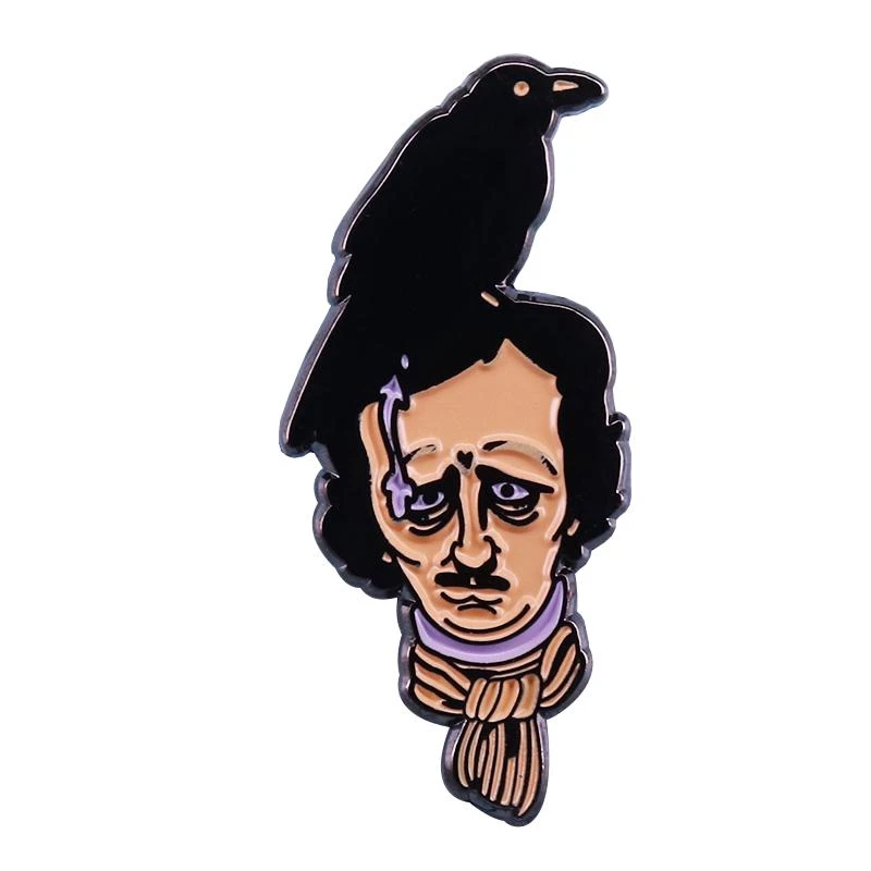 Edgar Allan Poe and Nevermore Raven Brooch Halloween Weird Gothic Horror Pin Literature Bookworm Fashion Jewelry Gifts Badges