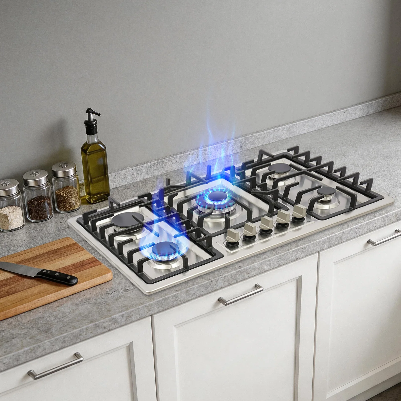 Stainless Steel 5-Burner Cooktop, Gas Stove Top with Dual Installation Options and Flame Failure Protection