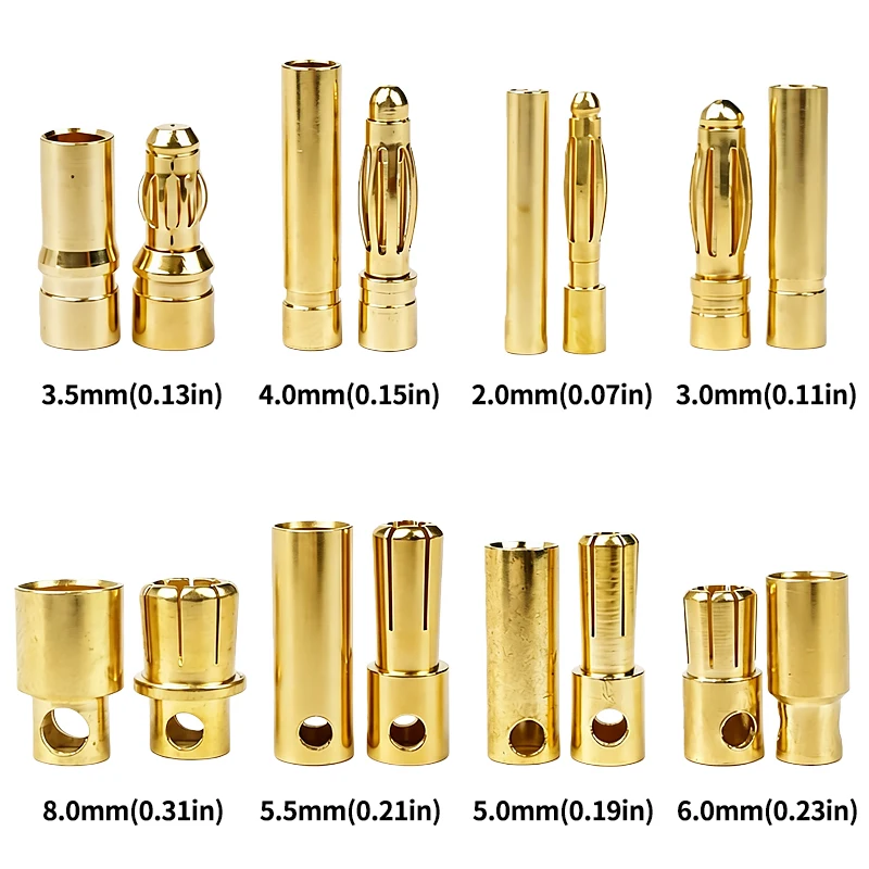 1/3/6/10 Pair 2mm 3mm 3.5mm 4mm 5mm 5.5mm 6mm 8mm Gold Plated Bullet Banana Plug Male Female Connector for RC Battery ESC Motor