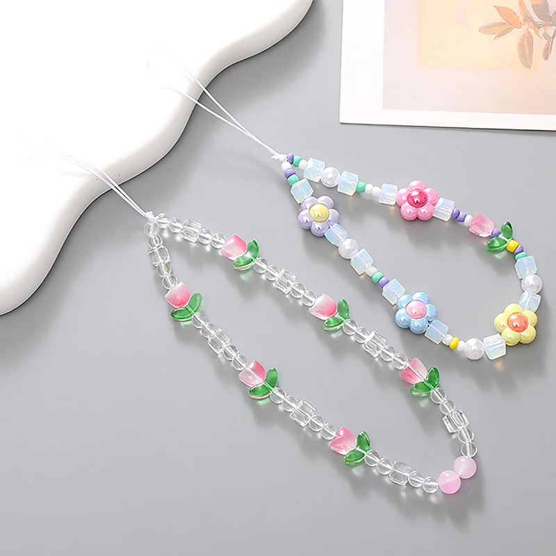 Einfache Tulpen form Blume Perlen Telefon kette Lanyard Anti verlorene Seil süße Handy Schmuck Zubehör für Telefon Lanyard