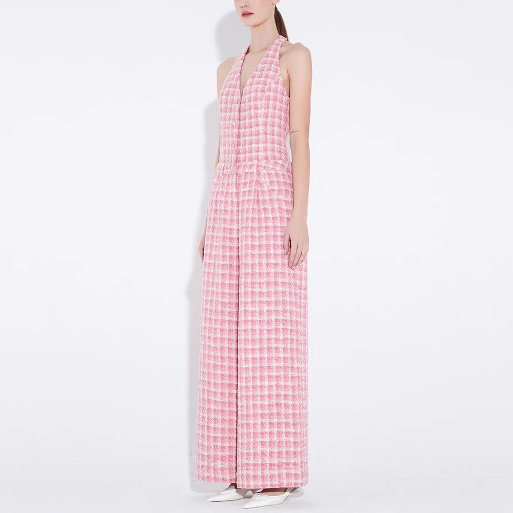 2024 Spring New Women Jumpsuit Y2k Pink Plaid Tweed Fashion Hanging Neck Sexy Backless Temperament Commuter Bodysuit Pants