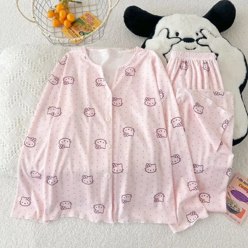 

Sanrio Sexy Pajamas Hello Kitty Pyjamas Spring Sleepwear Long Sleeve Pants Pijama Kawaii Nightwear Women's Home Clothes 2 Piece