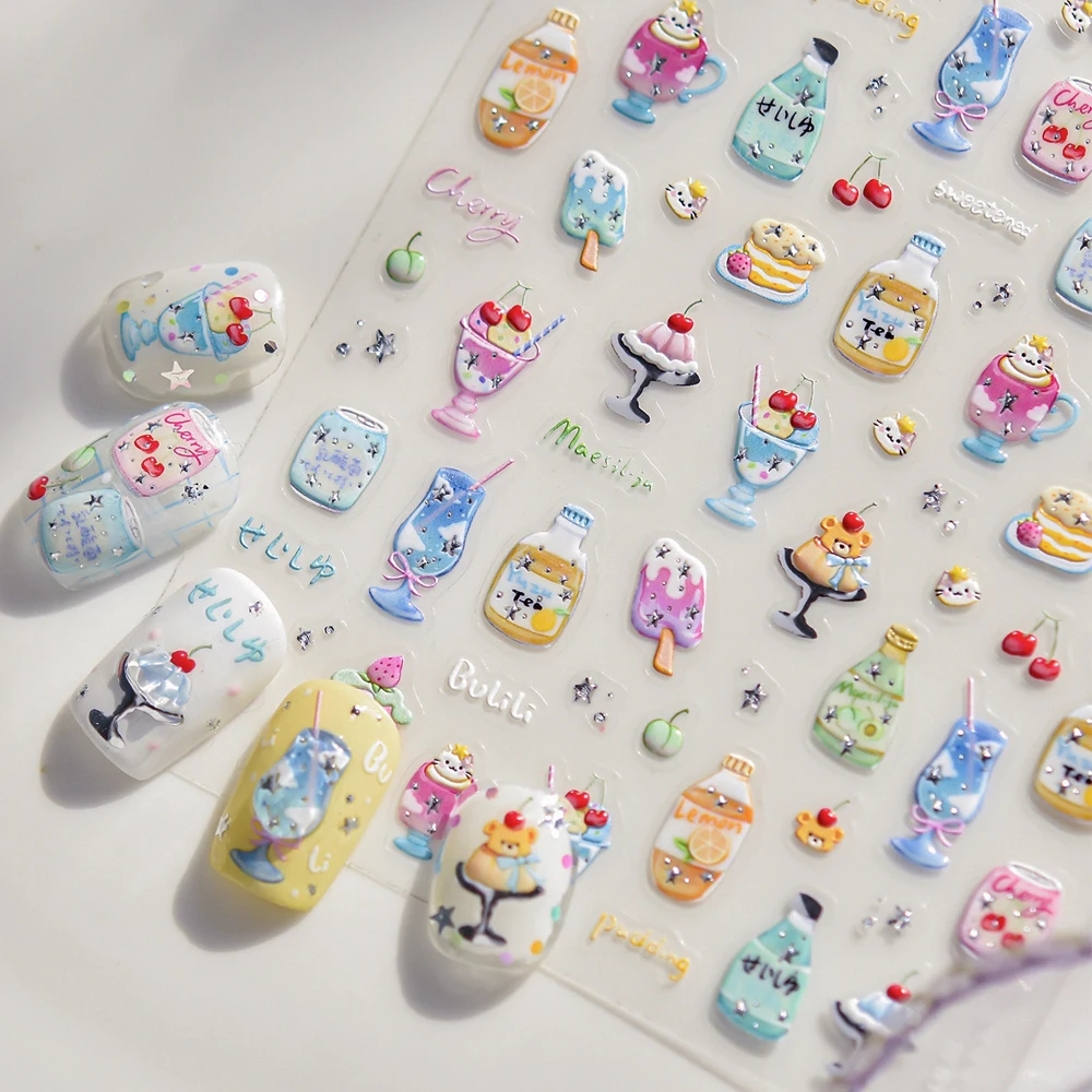 Autocollants 5D pour Nail Art, boissons froides d'été, boissons gazeuses, jus de fruits, cerise, citron, raisin, crème glacée, Popsicle, Pudding, décalcomanies de manucure