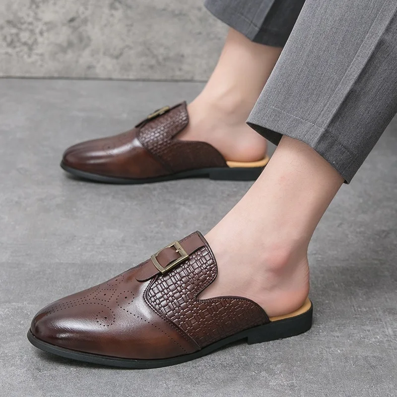 Summer Men Half Slippers Driving Brogues Shoes Male Belt Buckle Casual Mules Moccasins Breathable Penny Loafers Zapatos Hombre