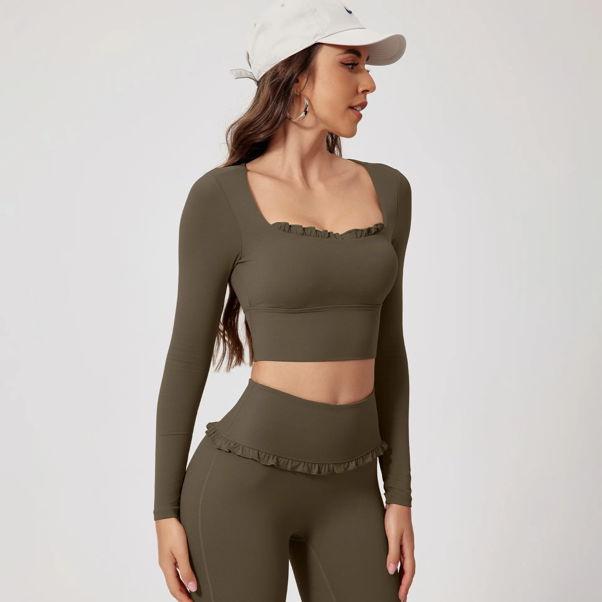 2025 Women's Square Neck High Waist Naked Sensible Speed Drying Long Sleeve Yoga Clothing Running Sports Fitness Clothing Set