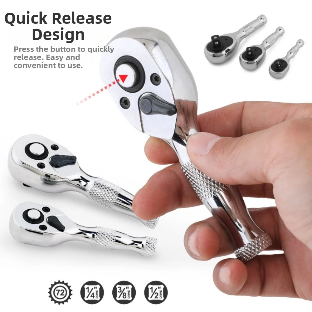 72 Tooth Ratchet Wrench 1/4 3/8 1/2 Inch Drive Reversible Head Socket Wrench Stubby Size Quick Socket Feature Dual Head Wrench