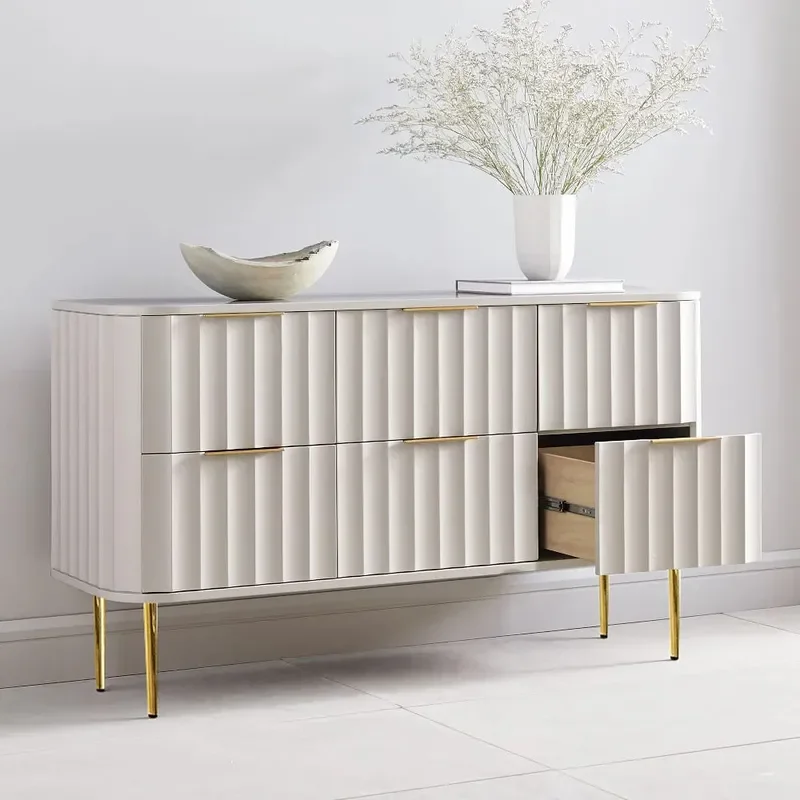 for 47 Inch Light Luxury Modern White Rounded Corrugated Engraving Design 2 Layer 6 Drawer Bedroom Dresser Factory Custom