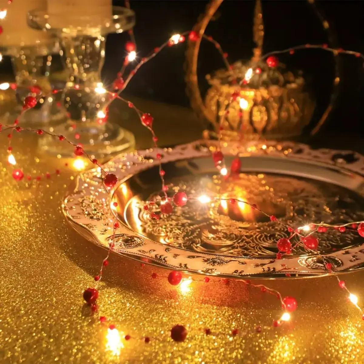 1 قطعة 20/50 LED الأحمر/الأبيض اللؤلؤ سلسلة أضواء لؤلؤي الأسلاك النحاسية الجنية بطارية مصباح بالطاقة للمنزل مهرجان الزفاف ديكور
