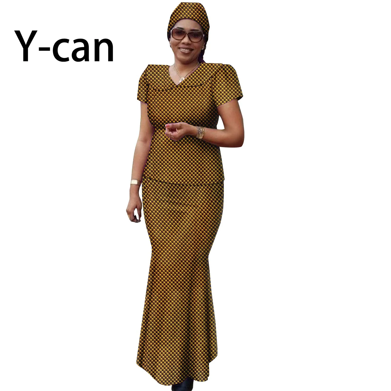 African Women Set Ankara Print Traditional Doll Collar Top and Skirts Match Headscarf Bazin Riche Dashiki Lady Outfits Y2326003