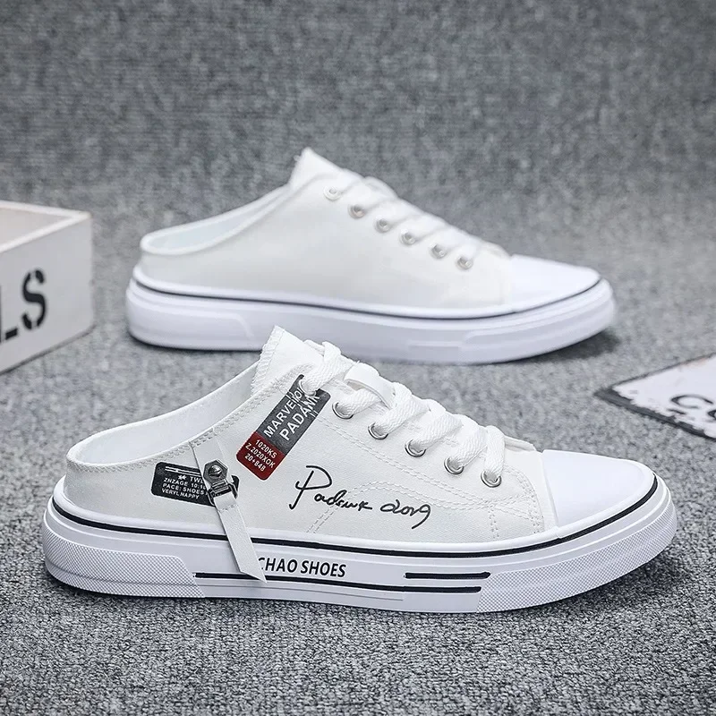 Men's Shoes Summer Shoes Trend Versatile Canvas Designer Men Half Slippers Black Walking Flats Casual Outdoor Backless Sneakers image 4