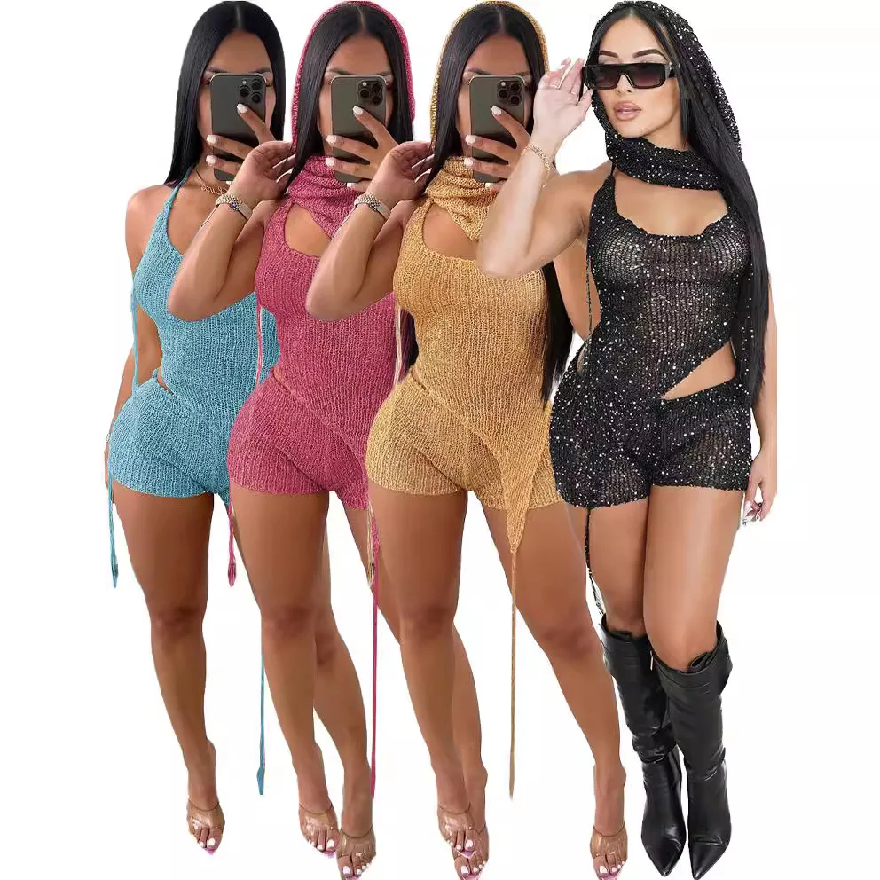 

Short Sets Women Three Piece Set Sexy Slim Bodycon Hollow Out Sequin Round Neck Sleeveless Tops Shorts Pants High Waist Sheath