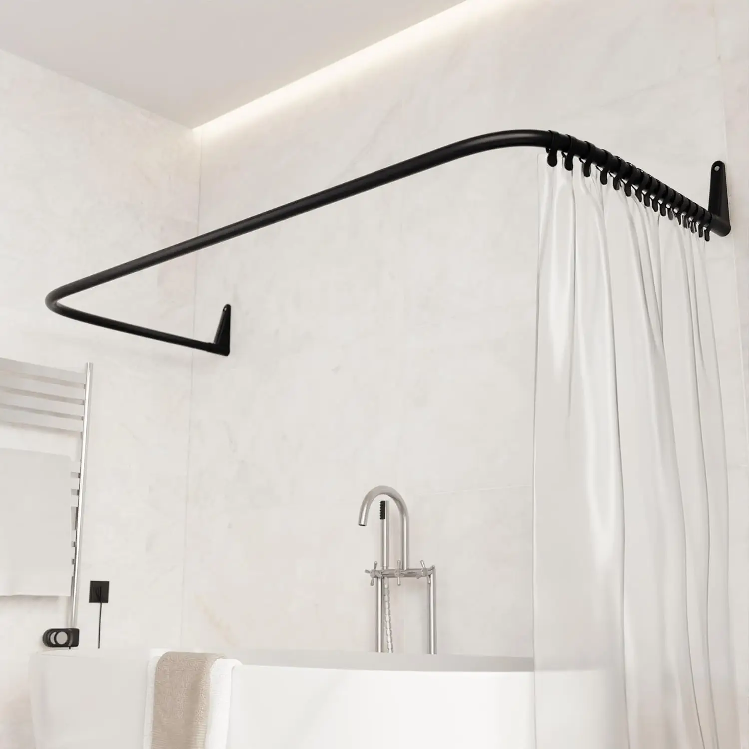 

4 in 1 L & U-Shaped Shower Curtain Rod, Wall-Mounted for Bathtubs, No Ceiling Support, Black Powder-Coated Steel