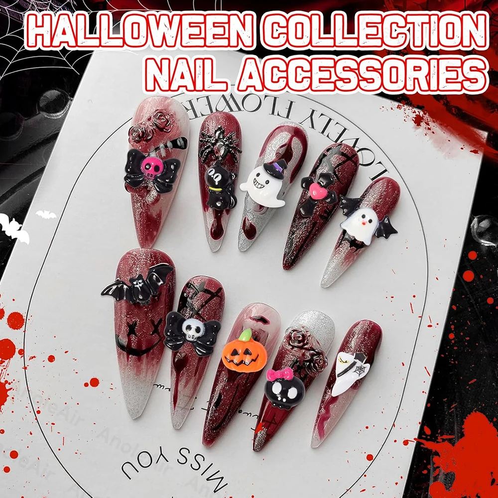30 Uds. De dijes de uñas 3D mezclados para Halloween, Vintage, Punk, araña, calavera, calabaza, fantasma, murciélago, decoraciones, suministros de dijes de uñas góticos oscuros