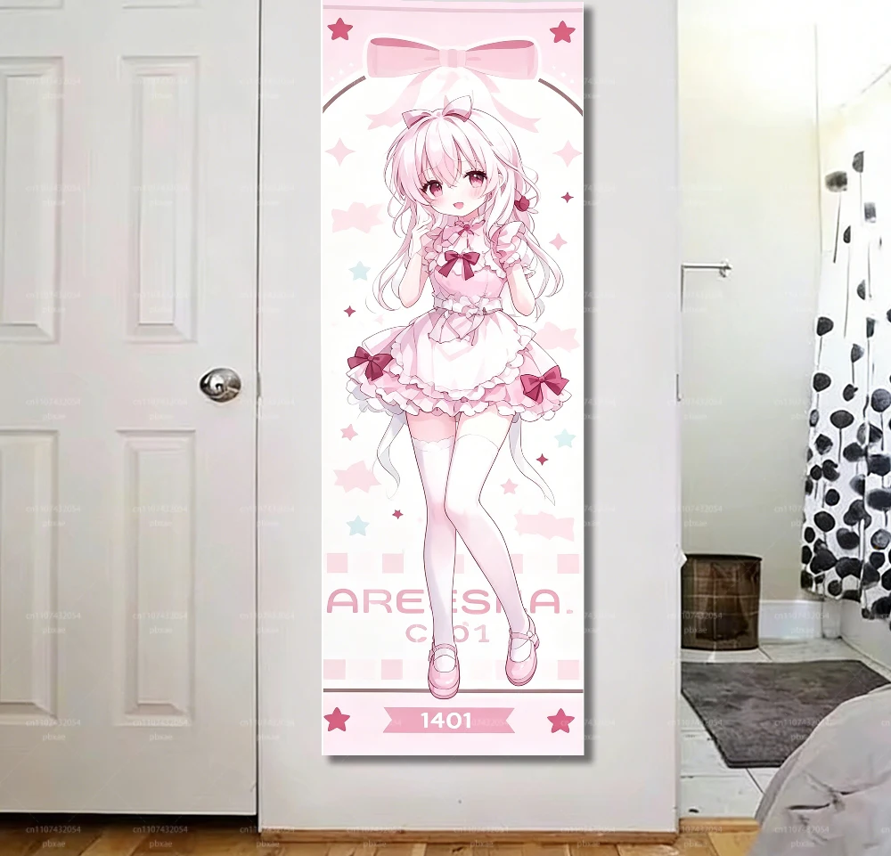 Kawaii Anime Girl Wall  Tapestry, Pastel Pink Lolita Style Long Hanging Banner for Bedroom Door Decor, Soft Polyester Vertical