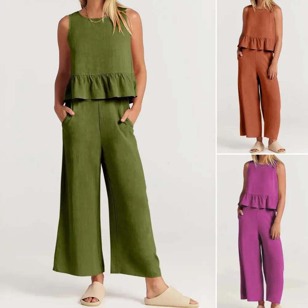 Women Two-piece Set Chic 2-piece Women's Tank Top Trousers Set Ruffle Hem High Waist Wide Leg Pants Stylish Wear for Fashionable