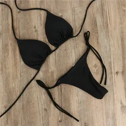 Halter Neck Strap Thong Bikini Set para mulheres, maiô monocromático, biquínis sexy, maiô, moda praia, 2 pcs set, 2024