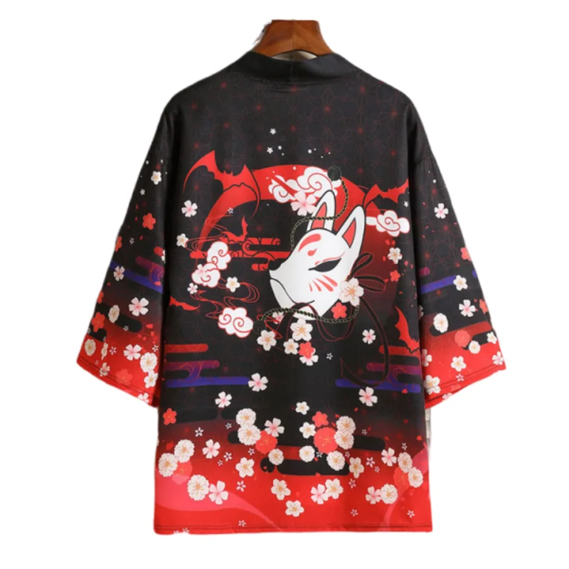 Summer Casual Japanese Floral Print Haori Kimono Fox Mask Pattern Dark Red Open Cardigan for Men Women 3/4 Sleeve Streetwear