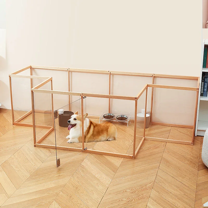 Adjustable Clear Acrylic PET Panels, Beech Wood Dog Fence, High Quality Indoor Pet Playpen with Door, Modular Design