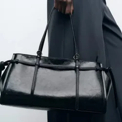 Large Black PU Leather Tote Bag Top Handle Women's Handbag Woven Design Shoulder Bags for Women Luxury Commuting Shopper Purses