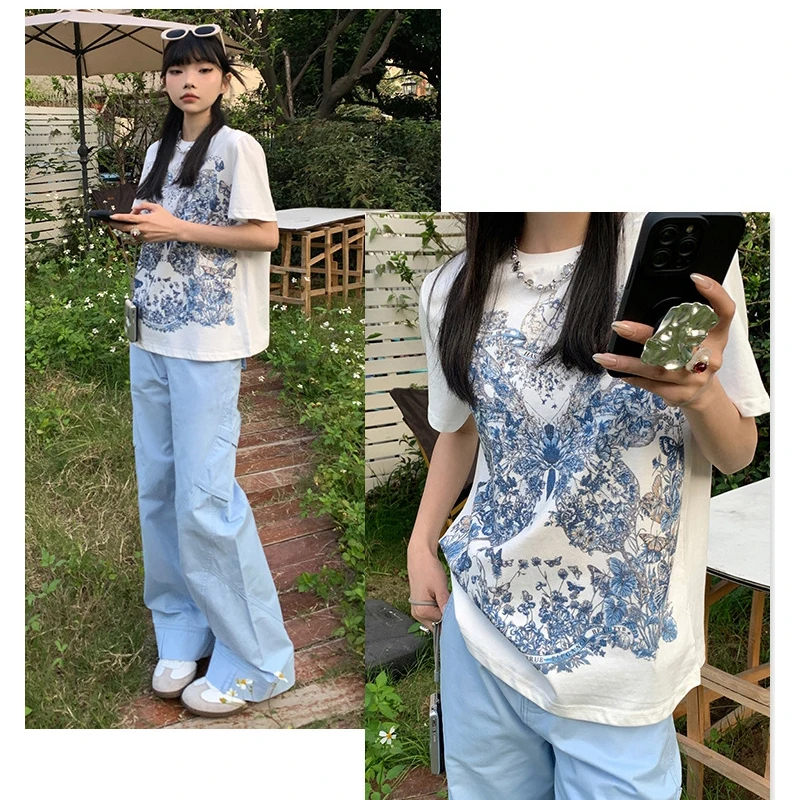T Shirts Woman Summer 2024 Blue Butterfly Print Front Female Clothing Y2K EMO Clothes Fashion Trend Youth Girl’s Blouses Tops