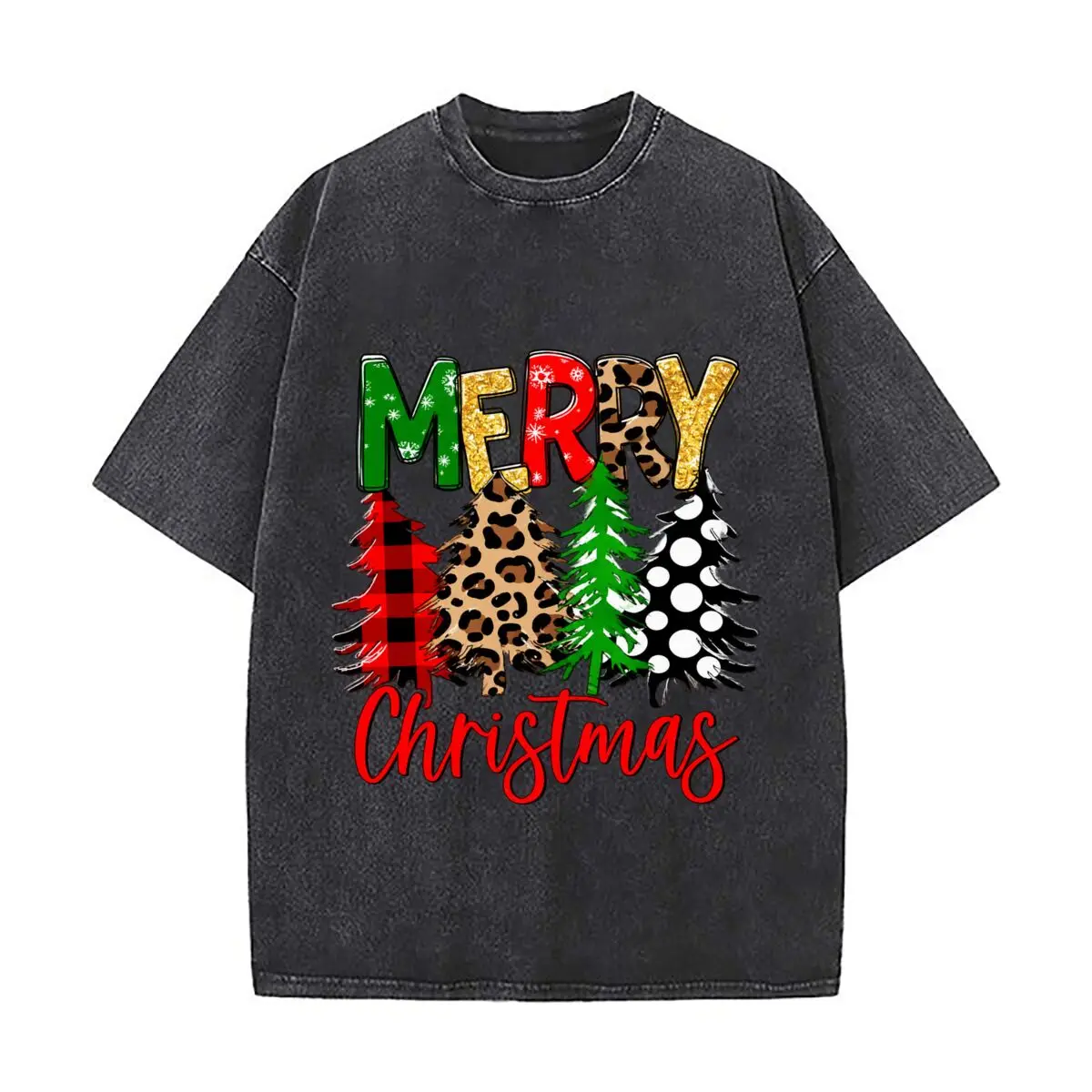Merry Christmas Glitter Leopard Plaid Polka Dot Trees Vintage Distressed Loose Streetwear Tops for Campus Days