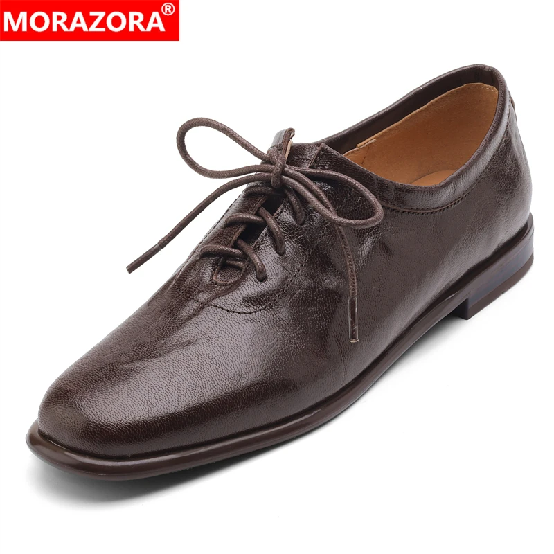

MORAZORA New Genuine Leather Shoes Women Oxfords Lace Up Low Heels Shoes Ladies Footwear Black Brown Office Dress Shoes
