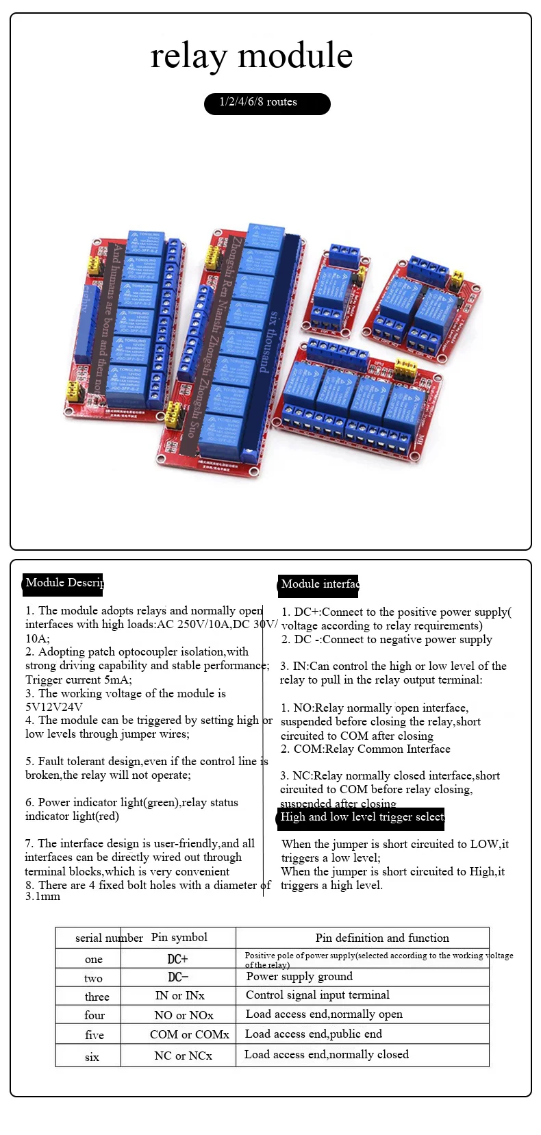 1/2/4/8-Kanal-Relaismodul mit 5V/12V/24V und Optokoppler-Isolation, High-/Low-Level-Trigger – Detail 3