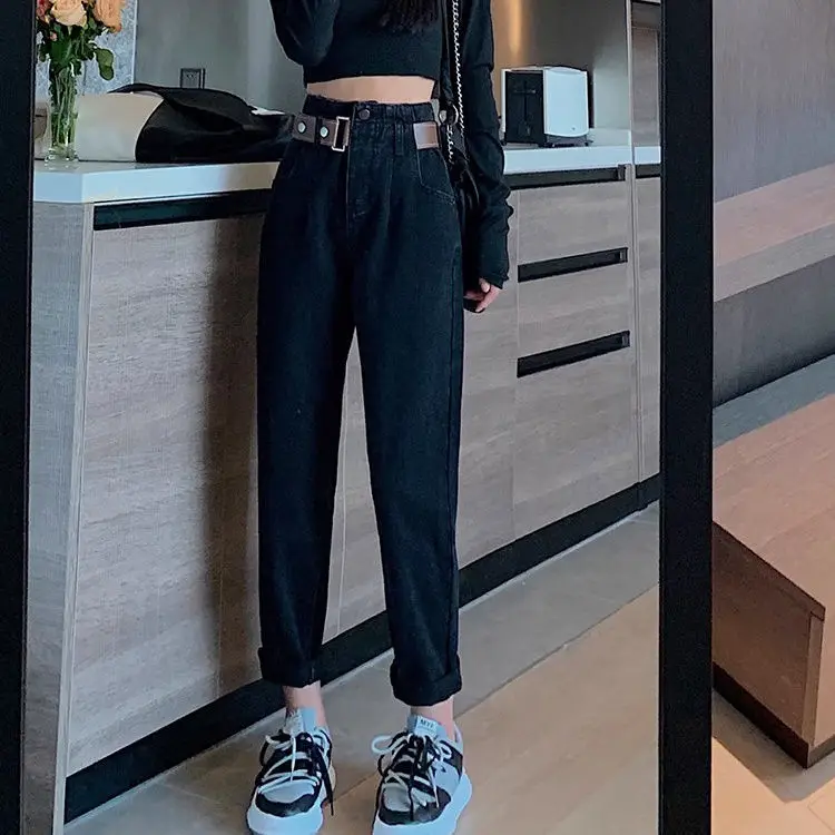 Korean Fashion Blue Slouchy Baggy Jeans Women High Waisted Belt Trousers Woman Boyfriends Girls Loose Haren Denim Pants