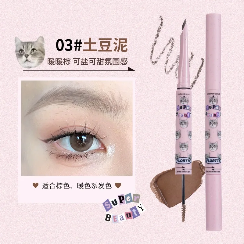 FLORTTE Tweekoppig Wenkbrauwpotlood Microblading Wenkbrauwen Mascara Fluweel Langdurig Waterdicht Transpiratie voor Wild Brow Make-up