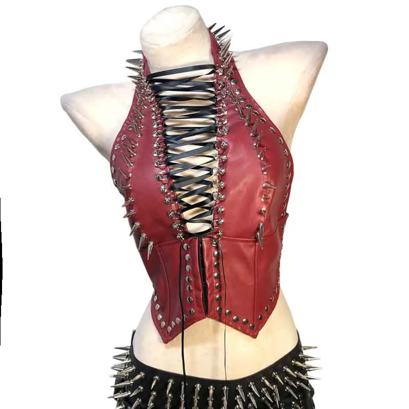 Goth Tops Y2K Festival Bra PU leather Black Boho Punk Rock Clothes Grunge Gothic Tank Spiked Emo Clothing Rave Outfits Summer