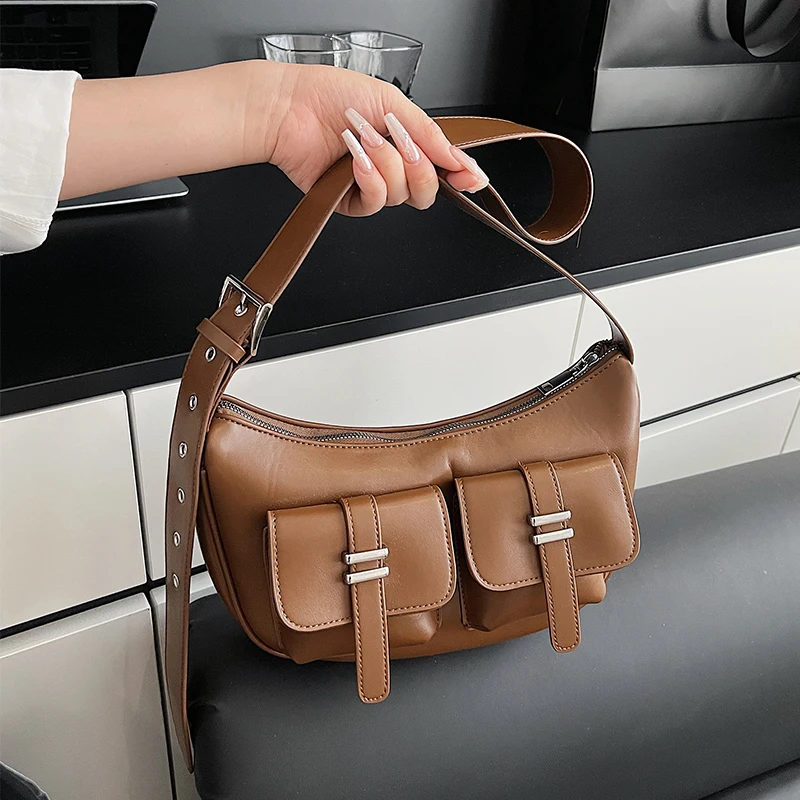 

Punk Style Motorcycle Bag Double Pouch Design Half Moon Crossbody Bag Pu Leather Adjustable Wide Shoulder Strap Handbag Purses
