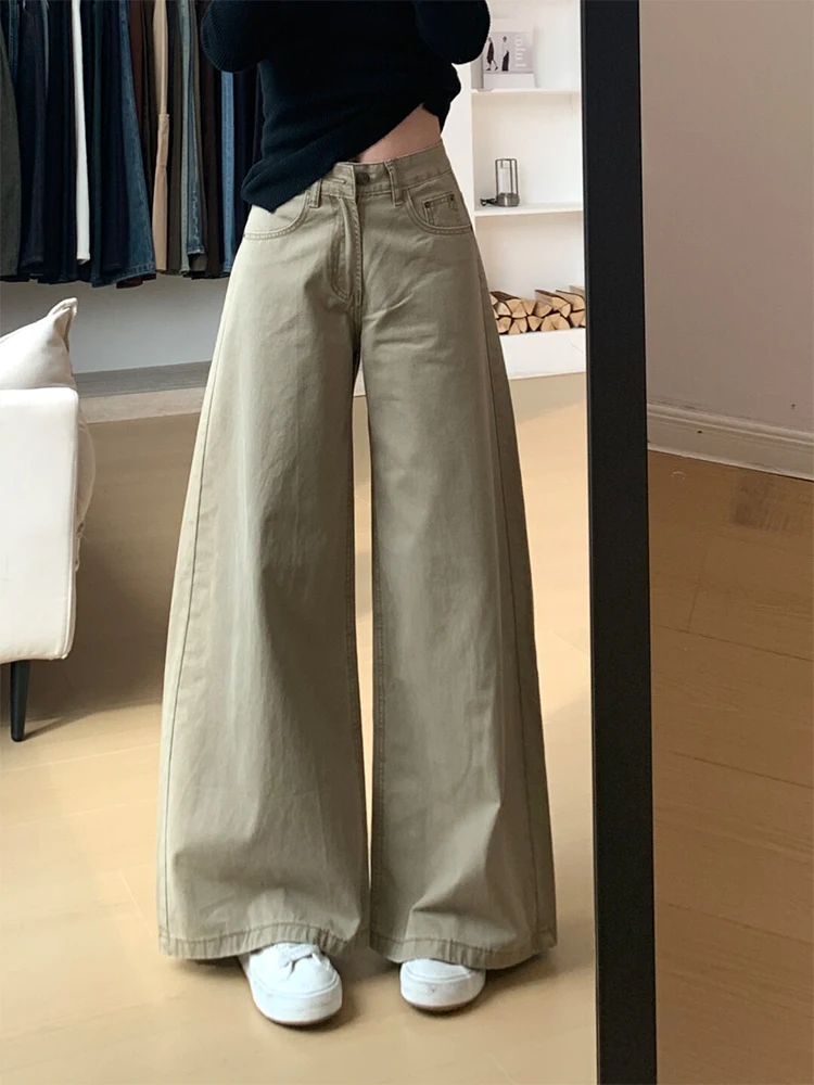 

Большие размеры, винтажные джинсы цвета хаки с широкими штанинами, женские зимние новые тонкие прямые брюки Fce с высокой талией, американские сле