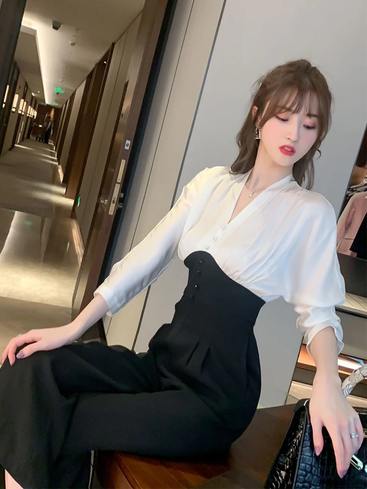 Satin Jumpsuit Women Black White Patchwork Long Sleeve High Waist Ankle Combinaison Femme Office Work Street Monos Mujer Spring