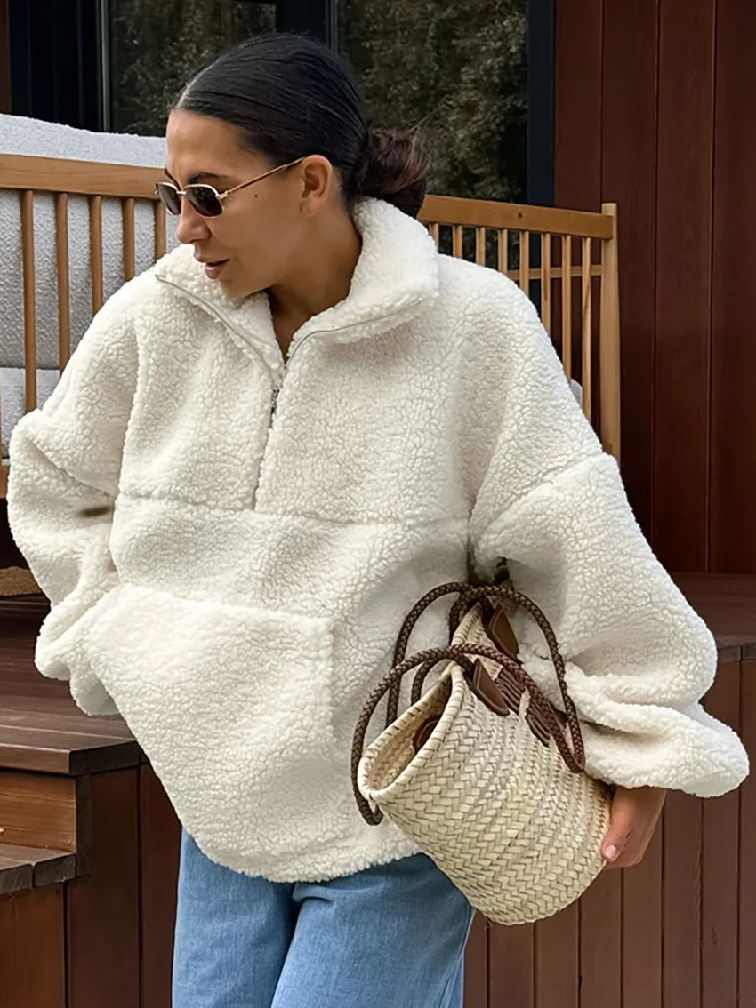 JHJN Autumn Beige Woman Hoodies Warm Fleece Hoody Half Zipper Sweatshirts Oversized Lantern Sleeves New Style Casual Pullovers