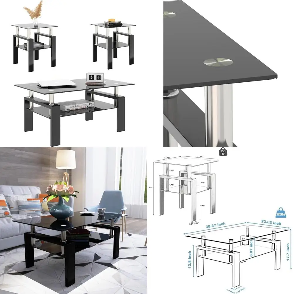 

3-Piece Glass Living Room Table Set: Coffee Table and End Tables with Tempered Glass Tops and Metal Frames
