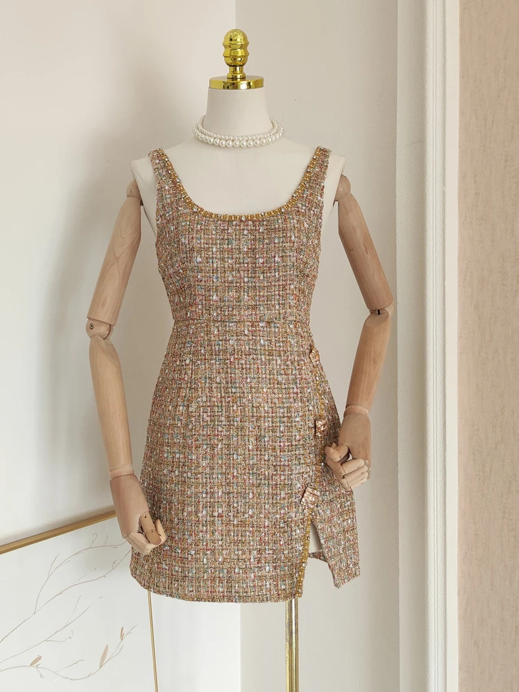 French Socialite Style Rough Tweed Luxury Diamond Studded Beads Sequin Suspender Slim Fitting Dress + Round Neck Cardigan Jacket