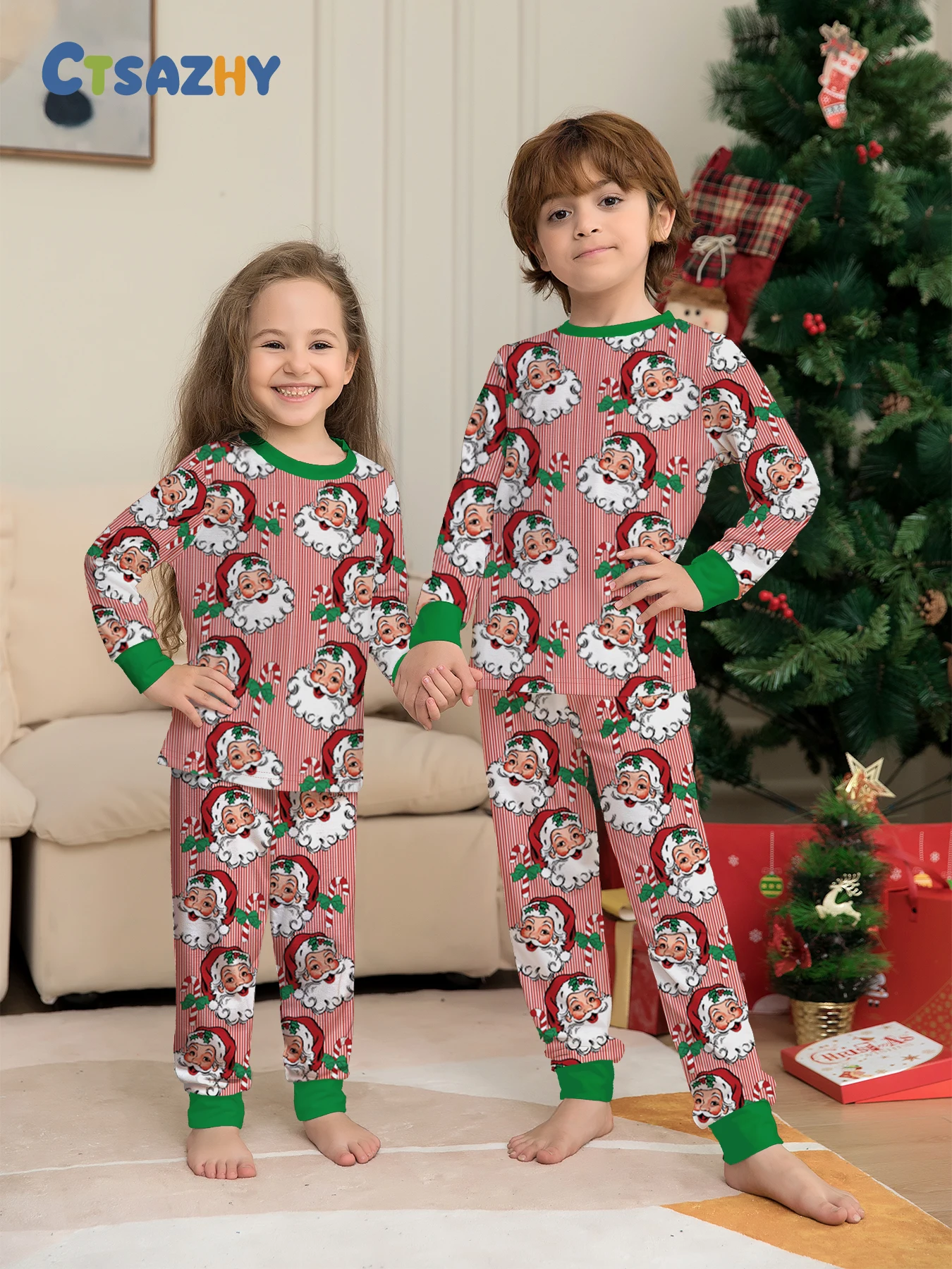 

Детский рождественский пижамный комплект унисекс, топ с длинными рукавами, принтом Санта-Клауса и конфеты и праздничные штаны, одежда для сна