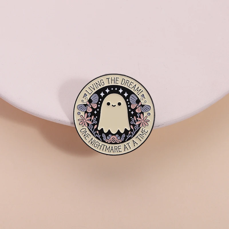 

Living The Dream! One Nightmare At A Time Enamel Pin Cartoon Smile Ghost Flower Butterfly Brooches Lapel Badge Wholesale Jewelry