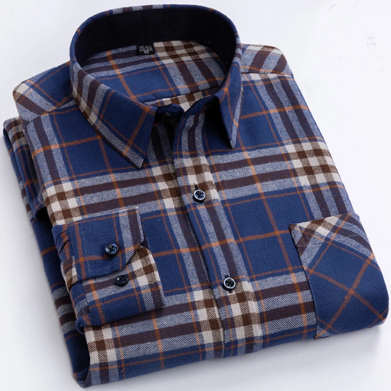 6XL Autumn/Winter Large Men\'s 100% Cotton Plaid Brushed Long Sleeve Shirt Wrinkle Resistant Business Casual No Iron Thick