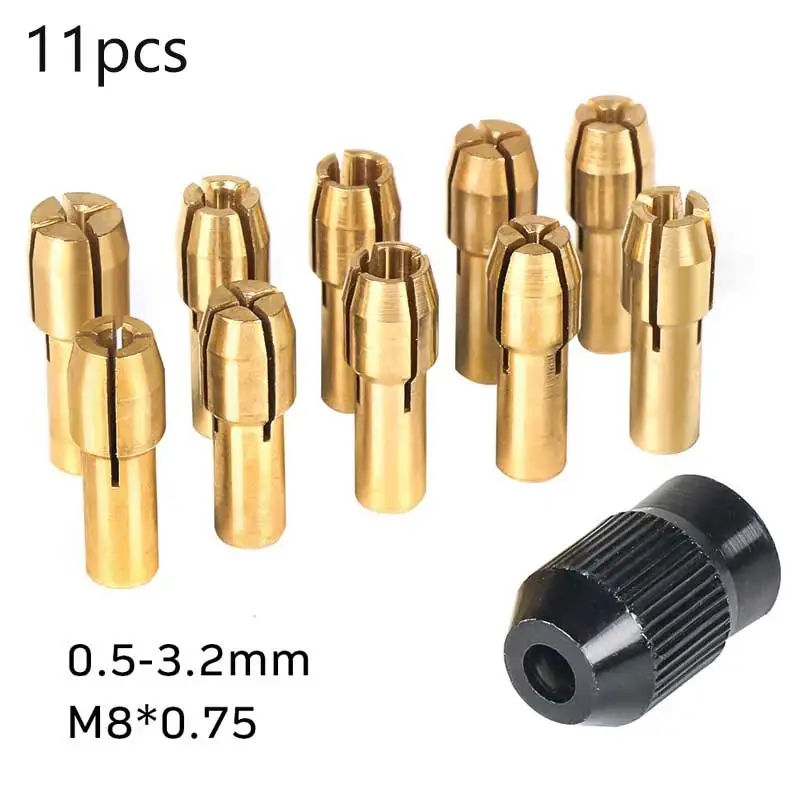 11PCS/lot Mini Drill Brass Collet Chuck for Dremel Rotary Tool 0.5-3.2mm Brass and Nut for Dremel Accessories Set